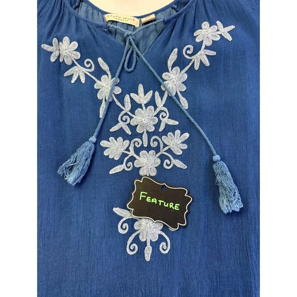 Studio West Womens L Blue Bell Sleeve Embroidered Floral Shift Dress Boho Coasta